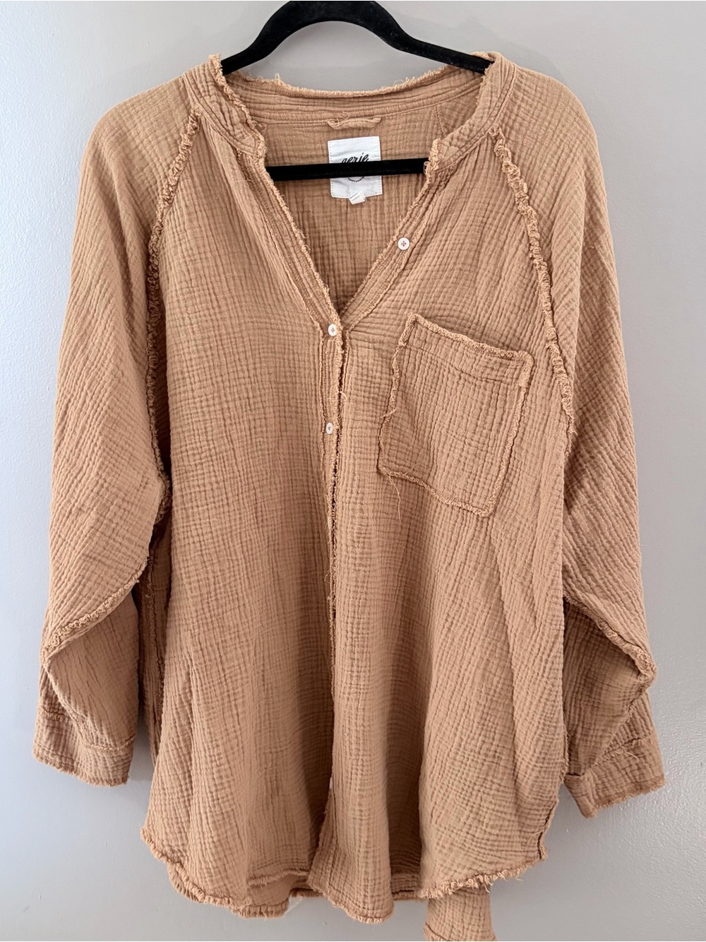 Aerie Gauze Button Down Shirt Tan Raw Hem Oversized Large